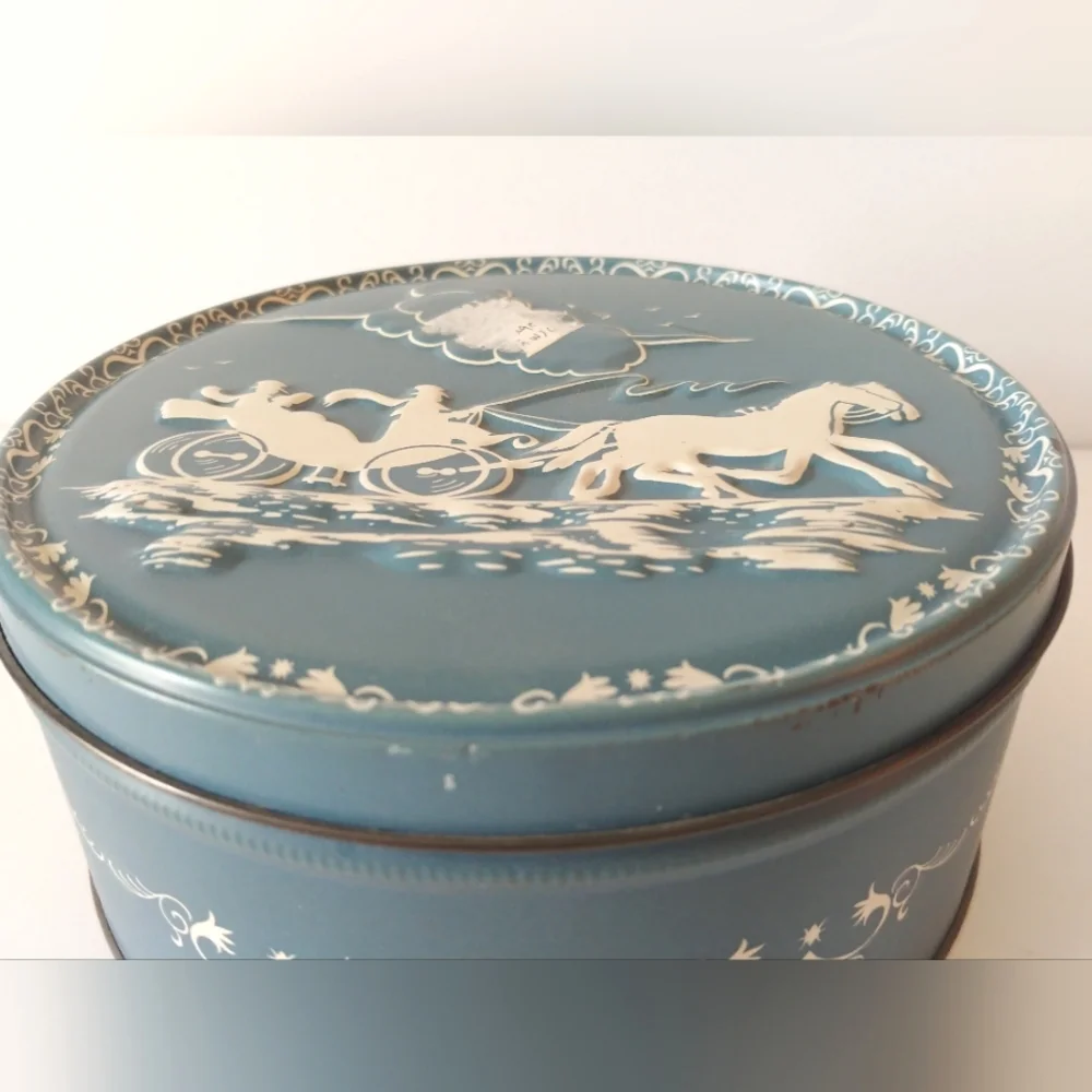 Vintage Tin Box Faux Wedgewood China Embossed Horse and Buggy Blue White
